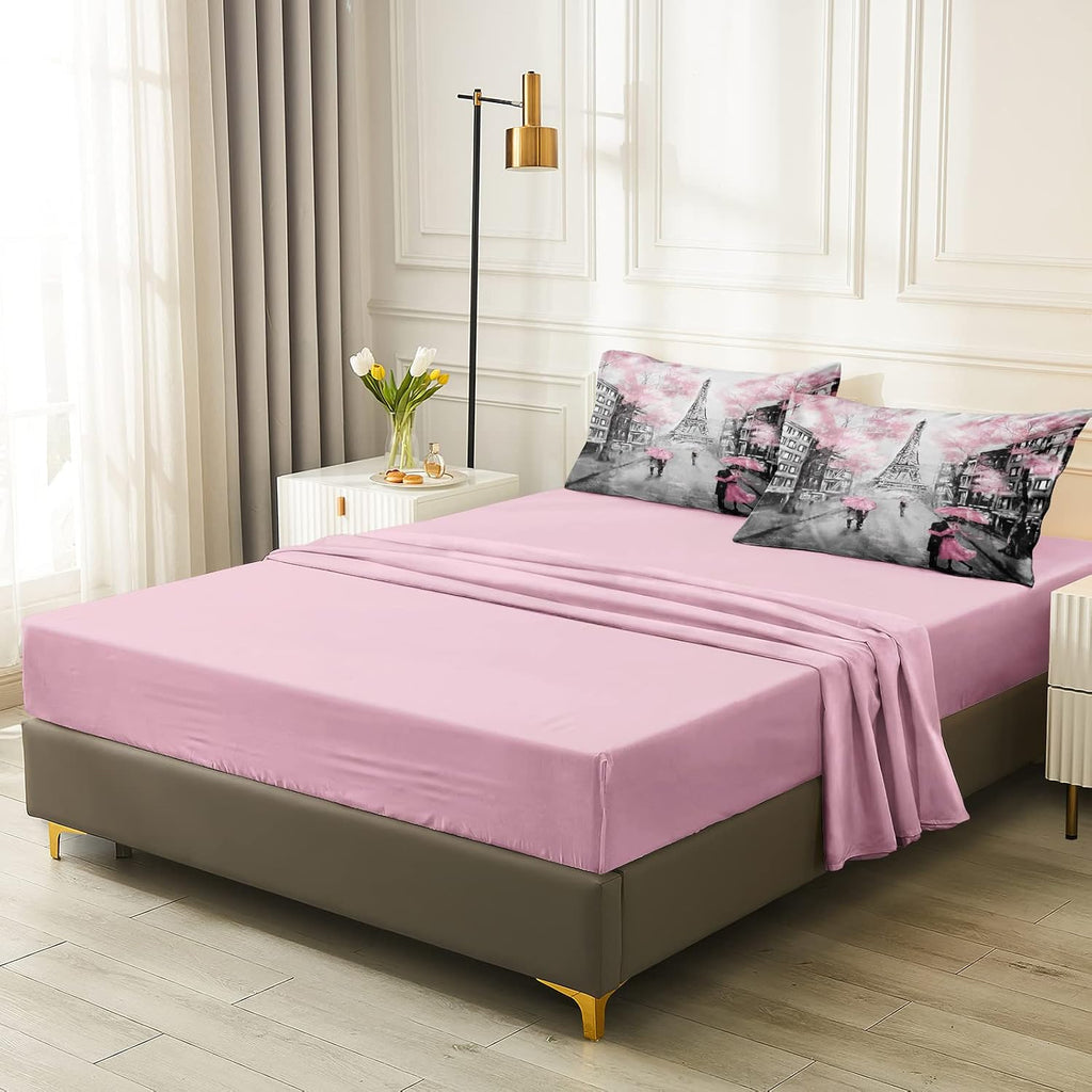Merryword Eiffel Tower Comforter Set California King Size Bed in a Bag Sweet Couple Lovers Pink Paris Design Bedding with 1 Comforter, 4 Pillowcases, 1 Flat Sheet, 1 Fitted Sheet, 1 Cushion Cover