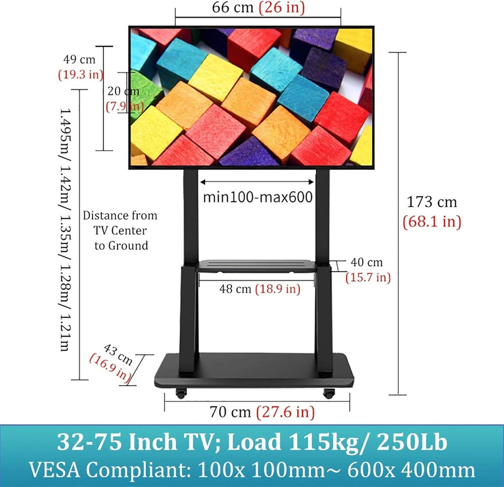 Mobile Tv Cart Rolling Stand for 32-75 Inch Tvs,Universal Base Trolley with Lockablels and Storage Tray,Load Capacity 115Kg