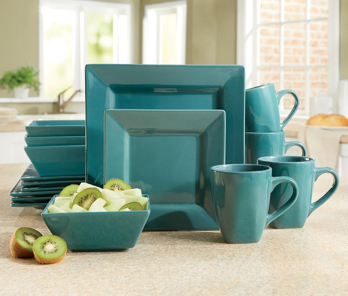 Montgomery Ward 16-Piece Sleek Island Blue Square Dinnerware Set for 4 - Modern Stoneware Plates and Bowls Set (Island Blue)