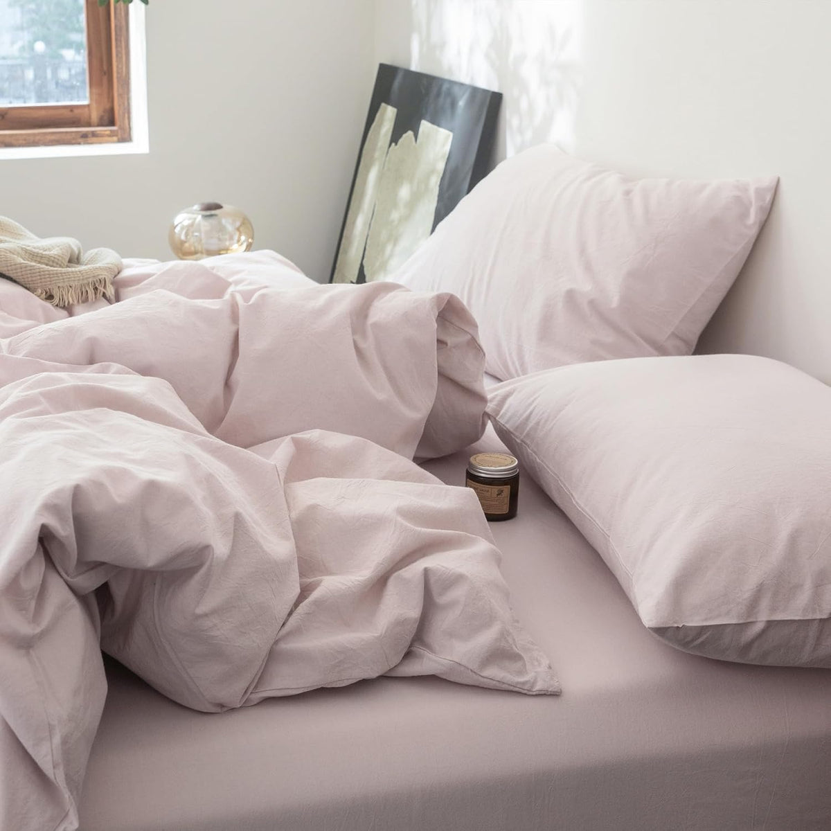 FOSSA Duvet Cover Set 100% Washed Cotton Linen Feel Super Soft Breathable Cozy 3 Pieces Bedding Sets Solid Greyish Pink Super King Plus