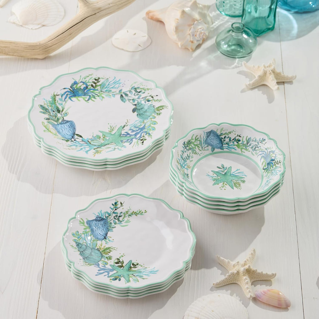 Sea Glass 12 Pc. MELAMINE DINNERWARE SET, SERVICEfor 4, coastal mix‑and‑match plates and bowls with ocean motifs, ideal for indoor outdoor dining, beach homes, patios, poolside meals
