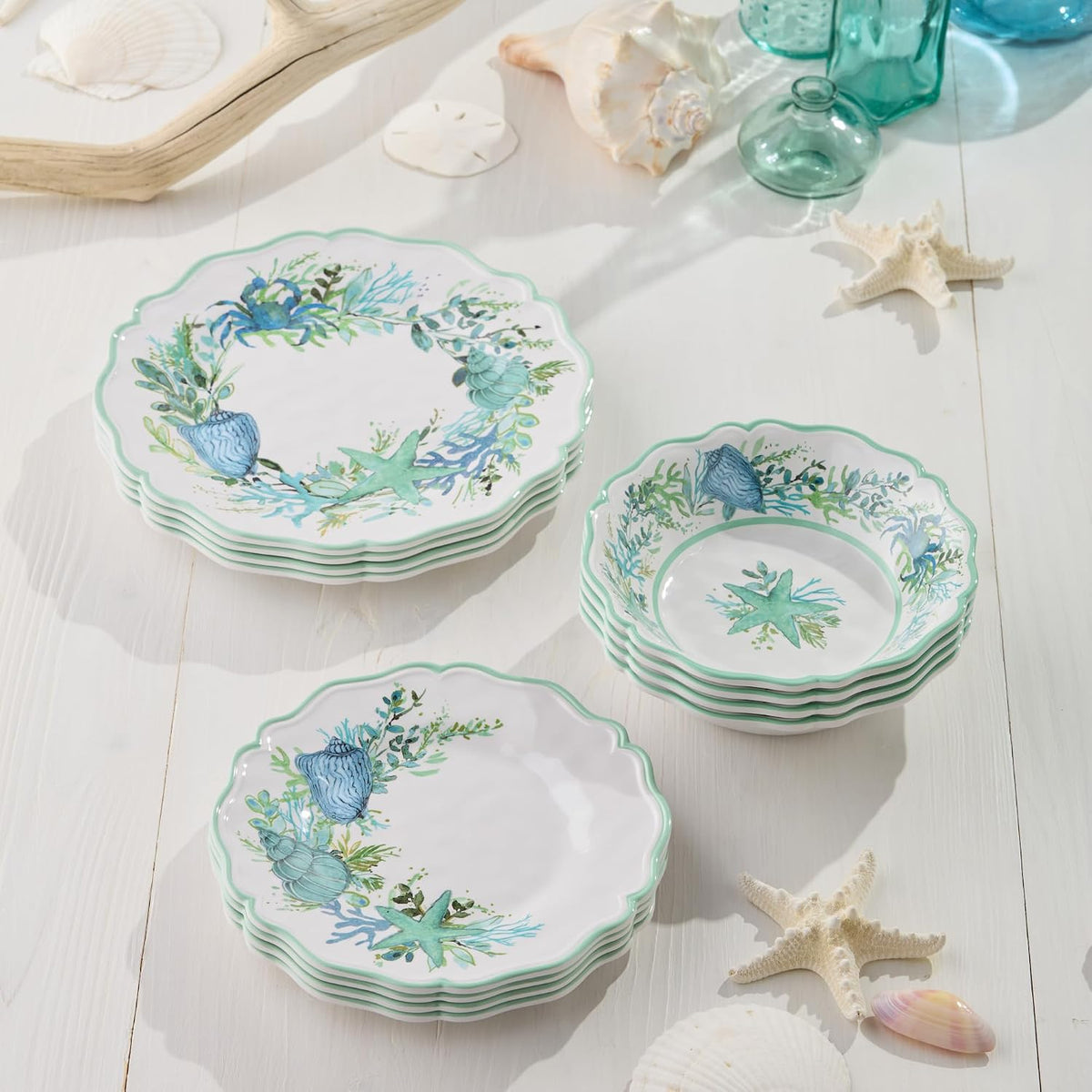 Sea Glass 12 Pc. MELAMINE DINNERWARE SET, SERVICEfor 4, coastal mix‑and‑match plates and bowls with ocean motifs, ideal for indoor outdoor dining, beach homes, patios, poolside meals