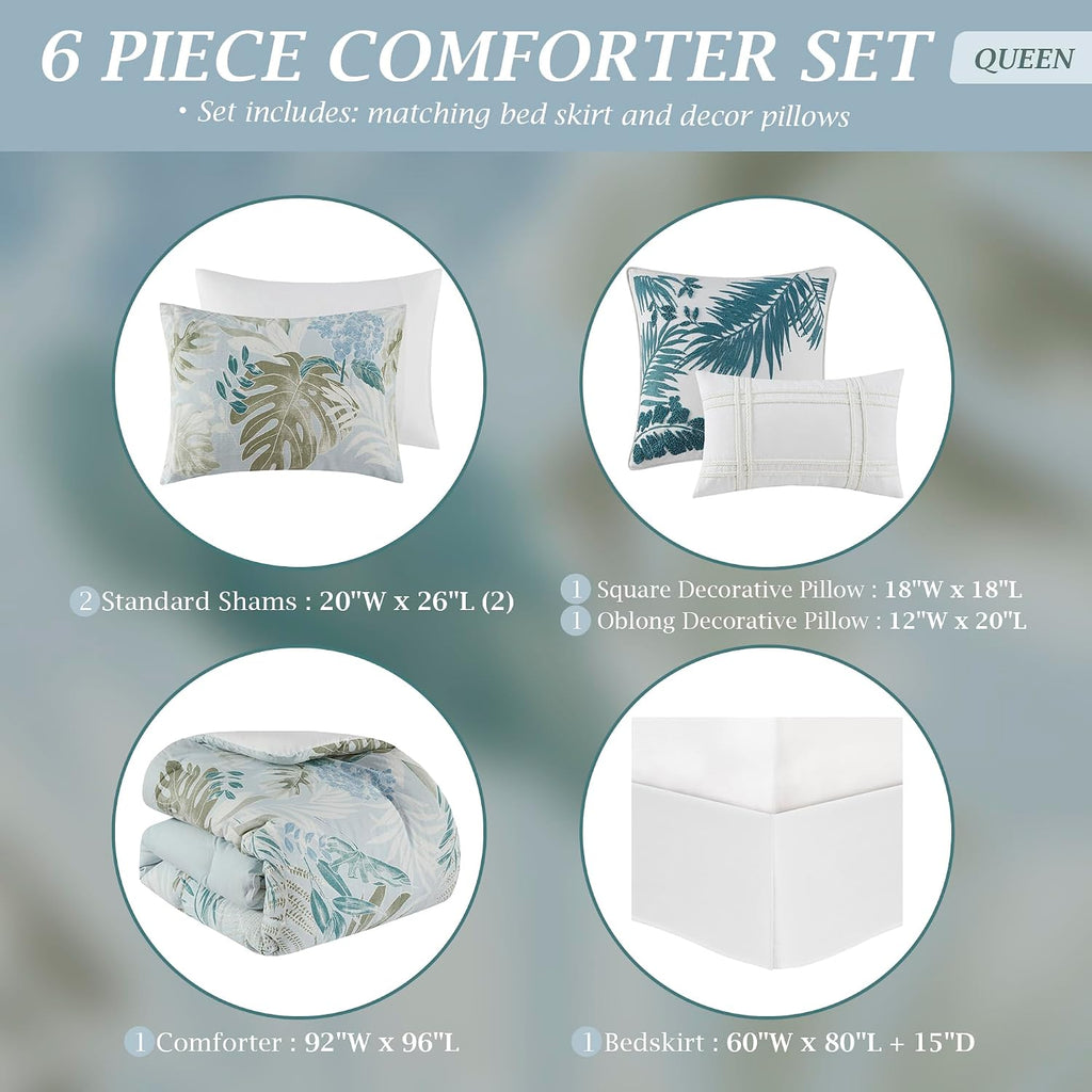 Harbor House Queen Comforter Set, Tropical Palm Print, Soft Cotton Oversized Comforter for a Queen-Size Bed, Coastal Bedding, 2 Shams, Bedskirt, 2 Décor Pillows, Kiawah Island, Queen Blue