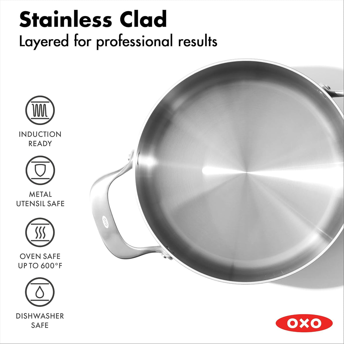OXO Mira Tri-Ply Stainless Steel, 5QT Stock Pot with Lid, Induction, Multi Clad, Dishwasher and Metal Utensil Safe