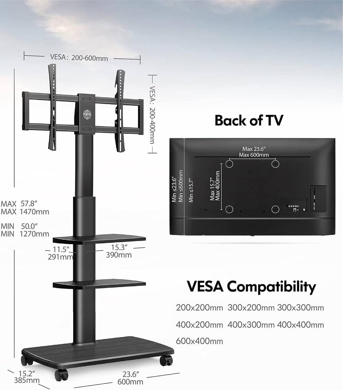 FITUEYES Swivel Rolling TV Stand, Height Adjustable Mobile TV Cart for 32-65 70 Inch TVs, Corner Floor TV Stand for Bedroom, Living Room, Home Office, Kitchen, Black