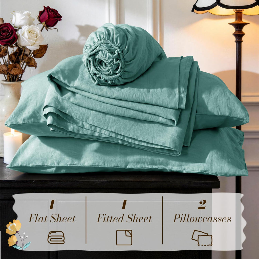 SONORO KATE 100% French Pure Linen Sheets, Breathable and Durable Linen King Size Sheets, Anti-Tear Linen Bed Sheets, Machine Washable, 16 Inch Deep Pocket - 4 Piece (Aqua, King)