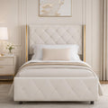 HOMBCK Twin Bed Frames with Headboard, Upholstered Twin Bed Frame with Diamond Tufted Wingback Headboard, 600lbs Heavy Duty Support, Gold Metal Edge Accents, No Box Spring Needed, White Leather