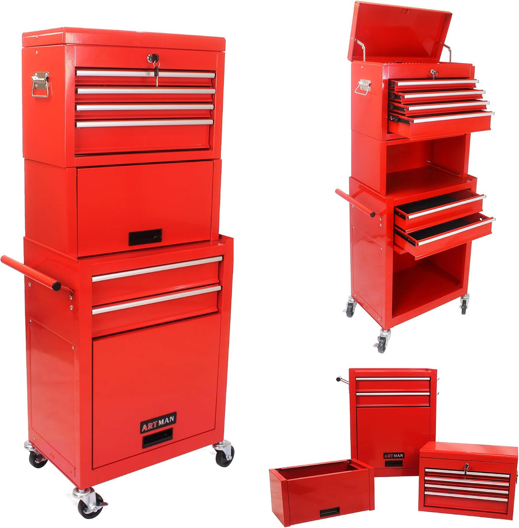 6-Drawer Tool Chest, 3-in-1 Rolling Tool Box with Detachable Top Toolbox & Key Lock,Tool Cabinet with Protective Liner & Universal Lockable Wheels,Metal Storage Cart for Garage,Workshop (Red)