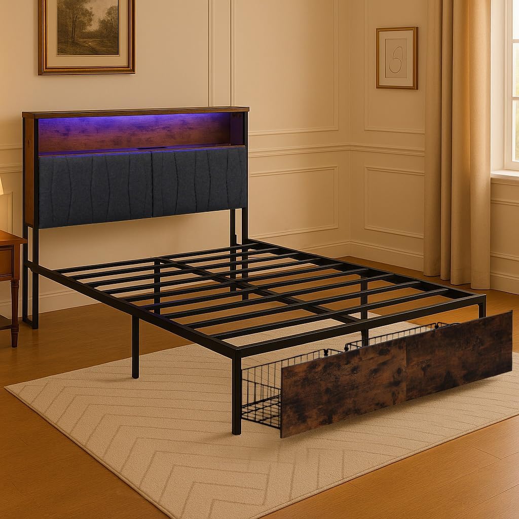COMHOMA Queen Bed Frame with Headboard and Storage Drawers, Charging Station, Modern Platform Metal Frames with Wood Accents, No Box Spring Needed, Quiet and Sturdy Structure