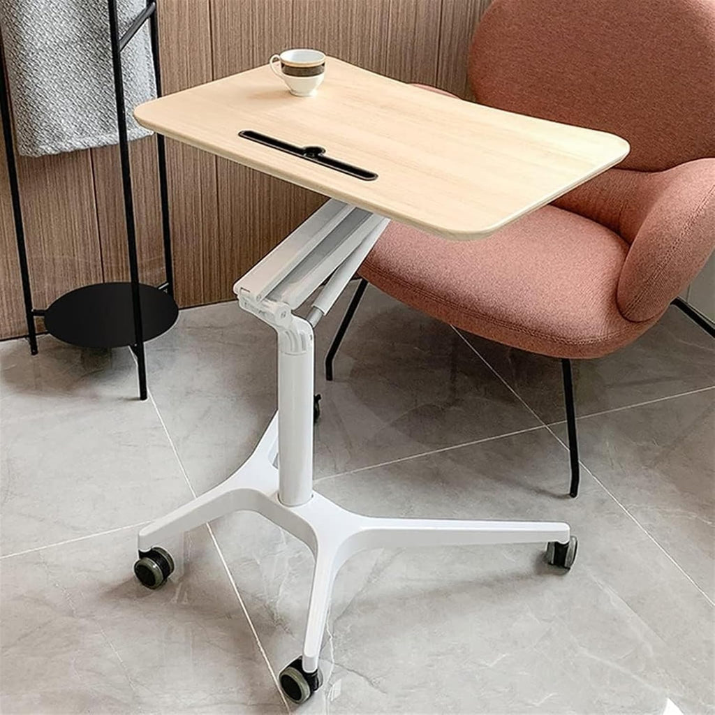 Height Adjustable Overbed Table with Wheels Pneumatic Mobile Standing Desk for Home Use Portable Laptop Desk Rolling Computer Cart