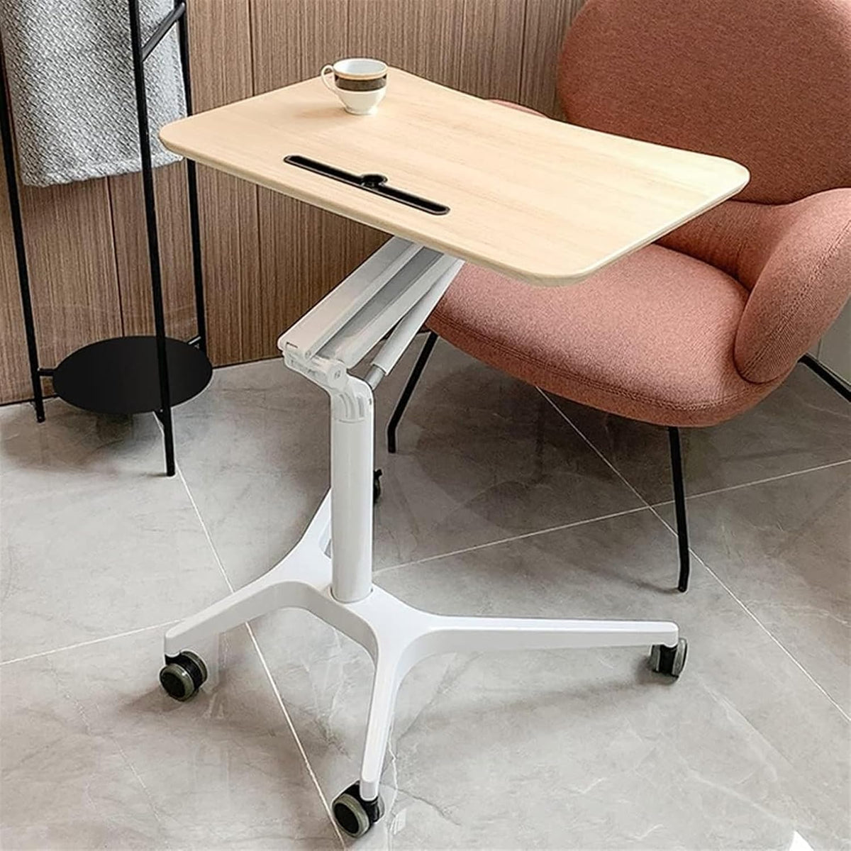 Height Adjustable Overbed Table with Wheels Pneumatic Mobile Standing Desk for Home Use Portable Laptop Desk Rolling Computer Cart