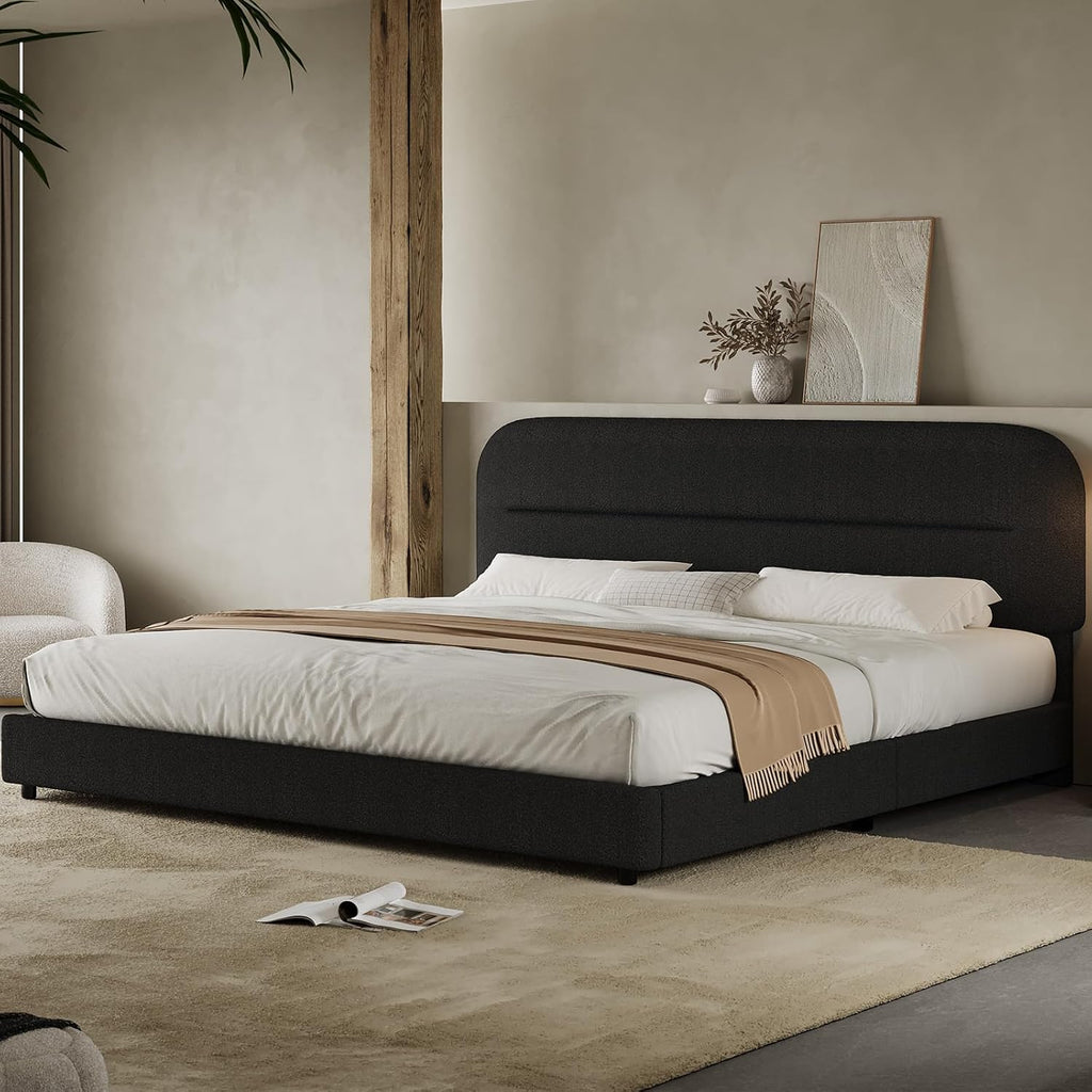 HOMBCK King Size Boucle Bed Frame, Upholstered Cloud Bed Frame with Headboard, Soft Platform Bed Frame with Thickened Footboard, Rounded Corners, No Box Spring Required, Easy Assembly, Black