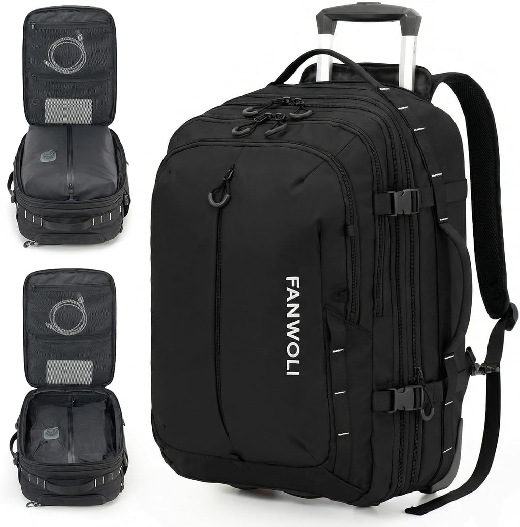 Fanwoli Rolling Vacuum Backpack Travel with One-Button Compression, 55L Expandable, Water Resistant Carry-On Suitcase Luggage, Ideal for Outdoor/Family/Trips