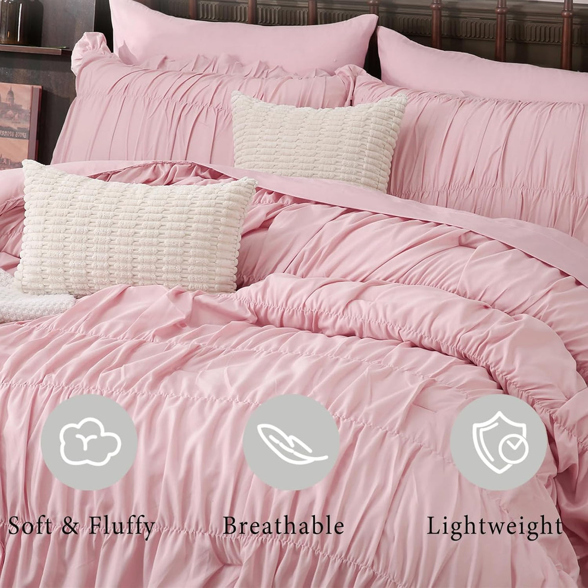 Herside Pink Ruffle Comforter Set King Size,9 PCS Ruched Bedding Bed-in-a-Bag Pleated Ruffle Bedding Set,Shabby Chic Boho Soft and Fluffy Comforter Vintage Bedding for All Season Home Decor | Ruffle Ruched