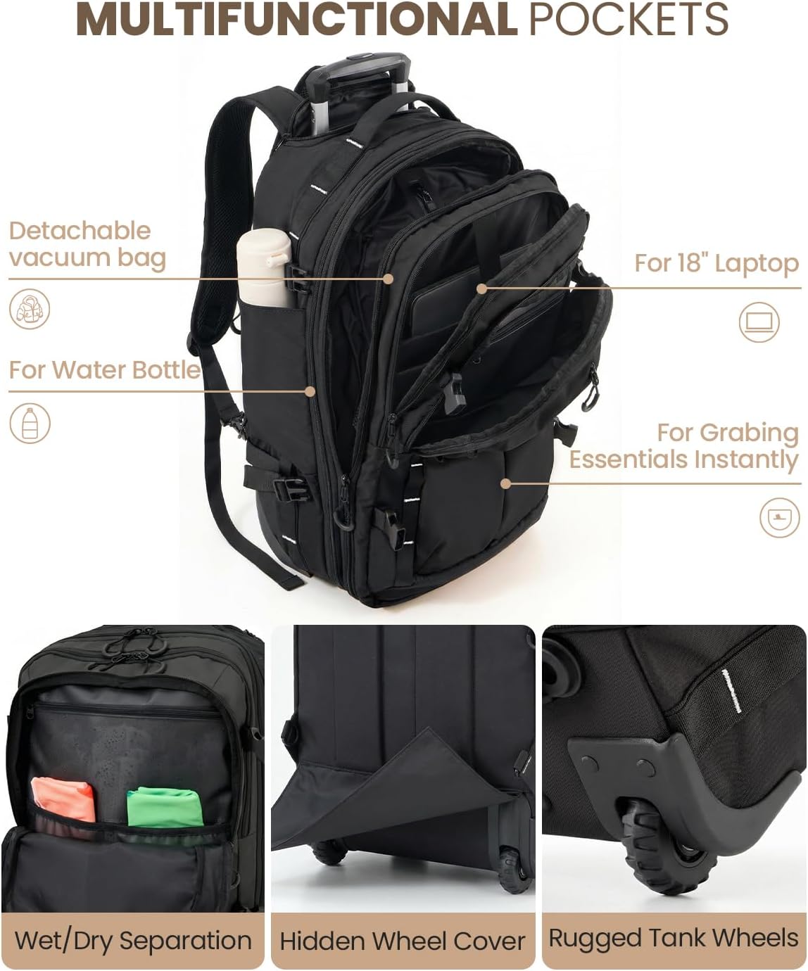 Fanwoli Rolling Vacuum Backpack Travel with One-Button Compression, 55L Expandable, Water Resistant Carry-On Suitcase Luggage, Ideal for Outdoor/Family/Trips
