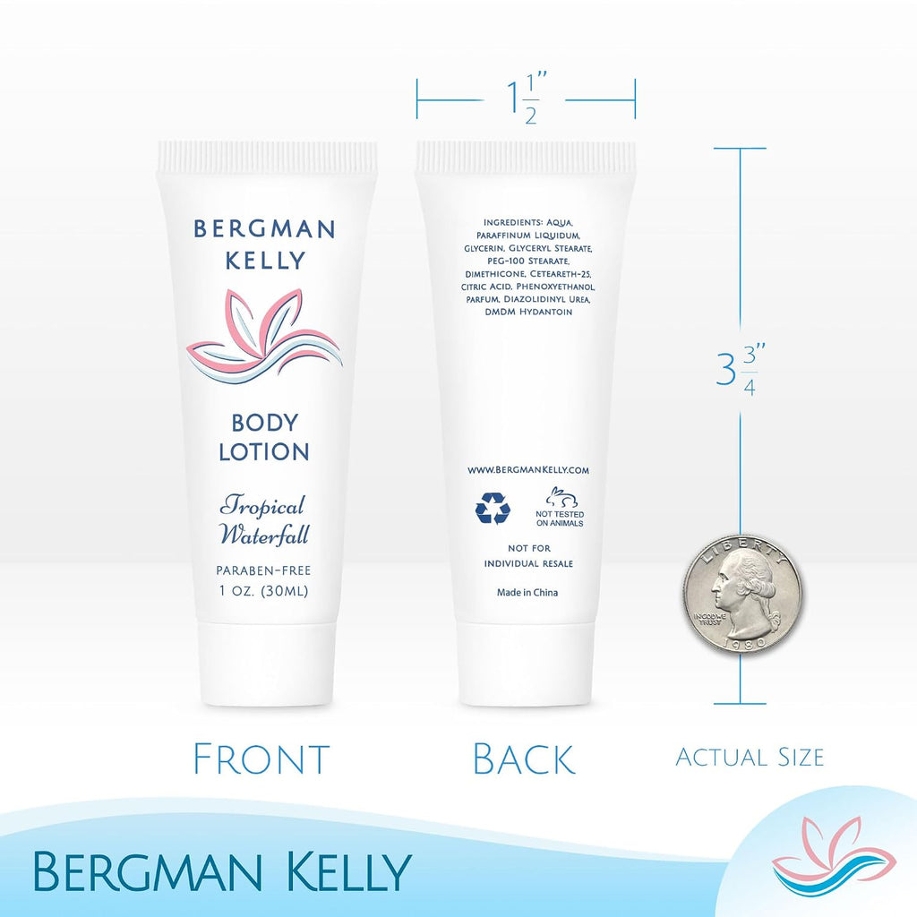 BERGMAN KELLY - Travel Size Lotion - 1 fl oz, 18000 PK, Tropical Waterfall - Delight Your Guests w/Invigorating & Refreshing Body Lotion - Quality Mini & Small Size Guest Hotel Toiletries in Bulk