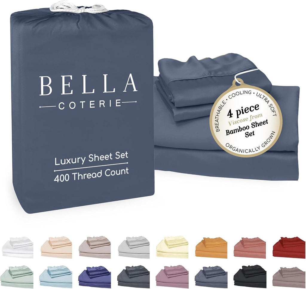 Bella Coterie Luxury Bamboo Viscose King Size Sheet Set | 100% Organically Grown | Ultra Soft | Cooling for Hot Sleepers | 18' Deep Pocket [Slate Blue]