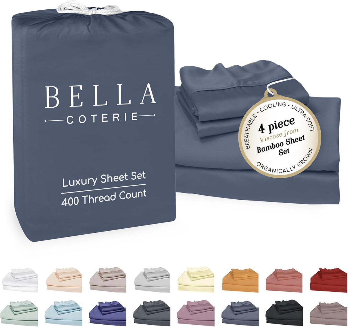 Bella Coterie Luxury Bamboo Viscose King Size Sheet Set | 100% Organically Grown | Ultra Soft | Cooling for Hot Sleepers | 18' Deep Pocket [Slate Blue]
