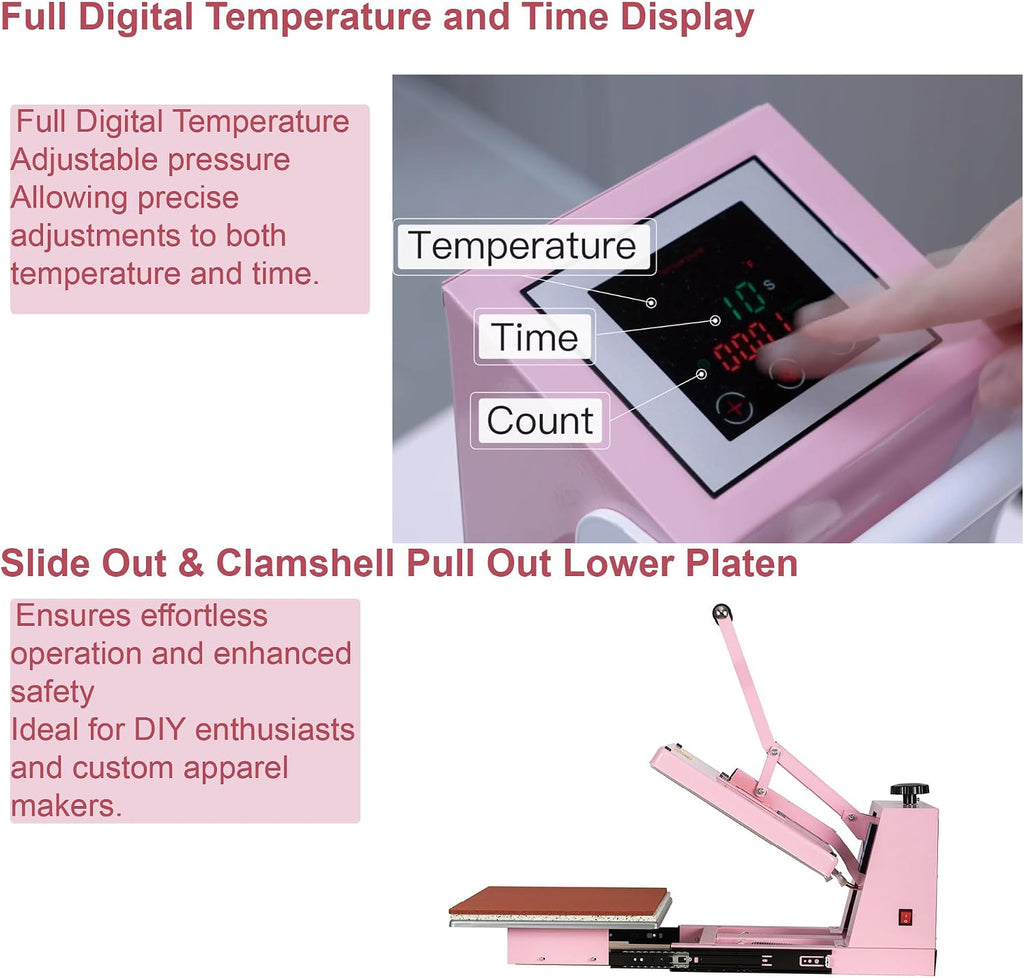 13' x 18' Semi-Auto Heat Press Machine for T-Shirts, Auto Open&Slide-Out Base, Clamshell Pull Out Lower Platen, 1200W Digital Sublimation Printer, Vinyl, DIY & Small Business (Pink, W13*L18)