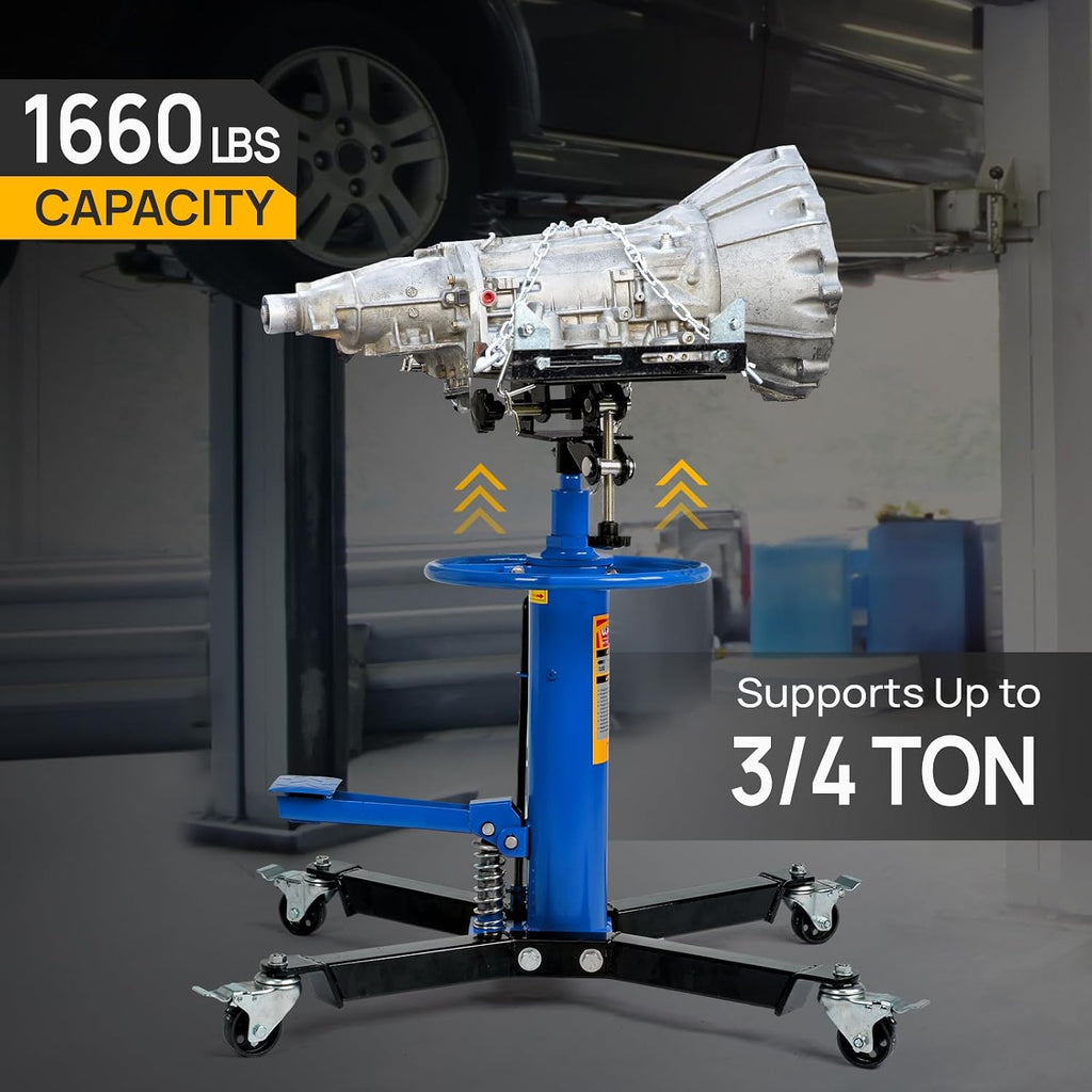 TUFFIOM Transmission Jack, 1660 lbs 3/4-Ton Hydraulic 2-Stage High Lift Vertical Telescoping Floor Jack Stand, 34' to 68' Lifting Range, w/Pedal, 360° Swivel Wheels, Garage/Shop Lift Hoist, Blue