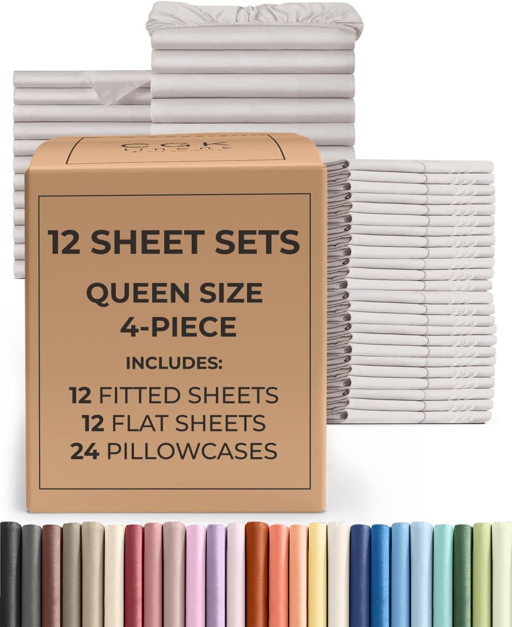 Bulk Case Pack of 12 Sheet Sets - (12) Complete Sheet Sets - Bulk Queen Bedding - Wholesale Case Pack for Hotels, Spa & Airbnbs - Deep Pocket & Wrinkle Free - Cooling & Breathable - Queen, Light Grey