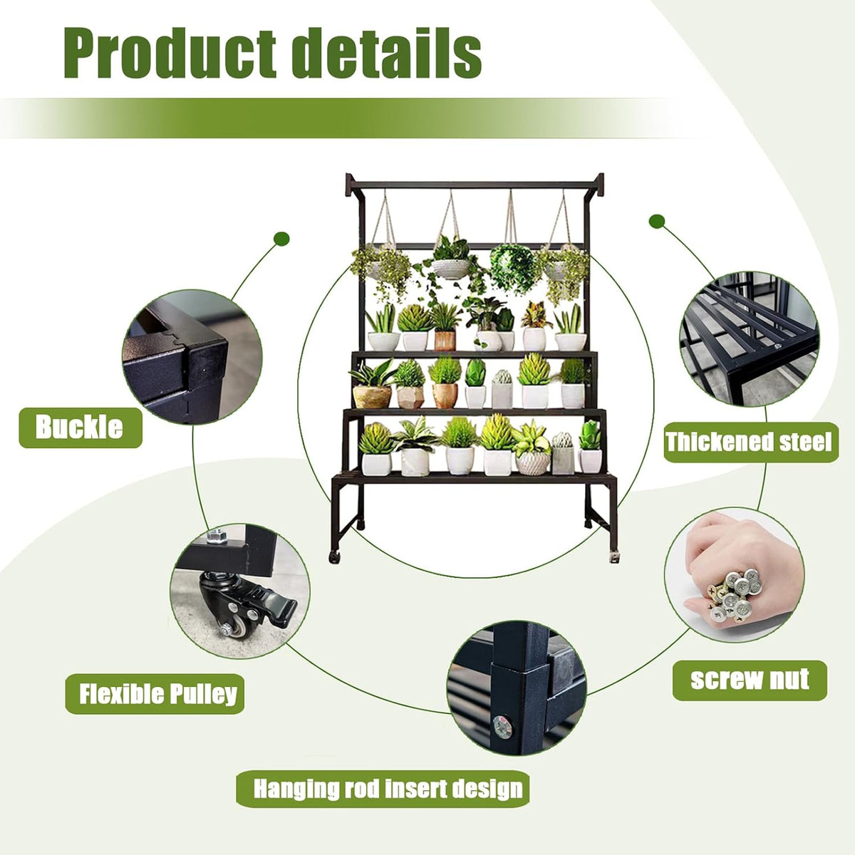 4Tier Sturdy Metal Plant Stand with Wheels, 31x24x65 Inch HighBlack Multiple Tiered Flower Display ，Heavy Duty Succulent Shelf for Home Indoor and Outdoor，Stair Shape，440 LBS Capacity (31in)