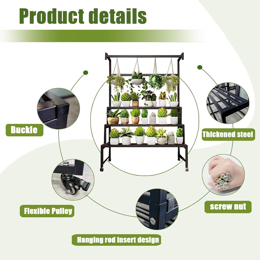 4Tier Sturdy Metal Plant Stand with Wheels, 39.9x24x65 Inch HighBlack Multiple Tiered Flower Display ，Heavy Duty Succulent Shelf for Home Indoor and Outdoor，Stair Shape，440 LBS Capacity (39in)