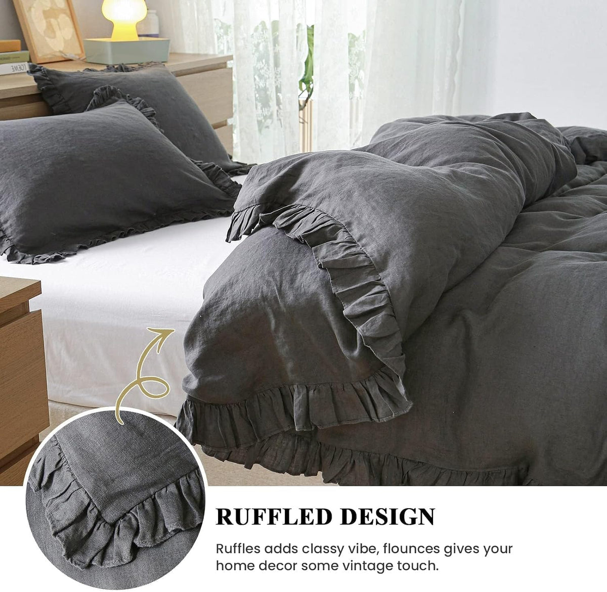 Simple&Opulence 100% Linen Duvet Cover Set, 3 PCS Natural French Flax Dark Grey Ruffle Duvet Cover Queen Size, Breathable Comfy Linen Bedding Comforter Cover with 2 Pillowcases (Dark Grey, 88' X 92')