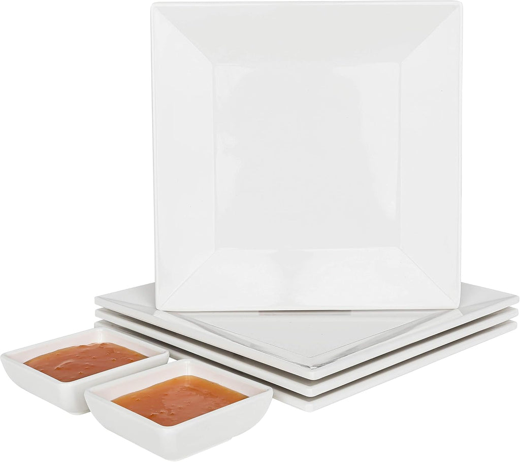 [6 x 4 Pack] 10' x 10' White Square Melamine Plates, Unbreakable Elegant Dinnerware Set With Sauce Dish