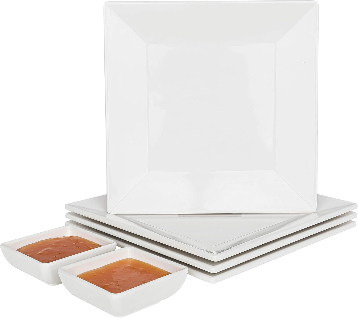 [6 x 4 Pack] 10' x 10' White Square Melamine Plates, Unbreakable Elegant Dinnerware Set With Sauce Dish