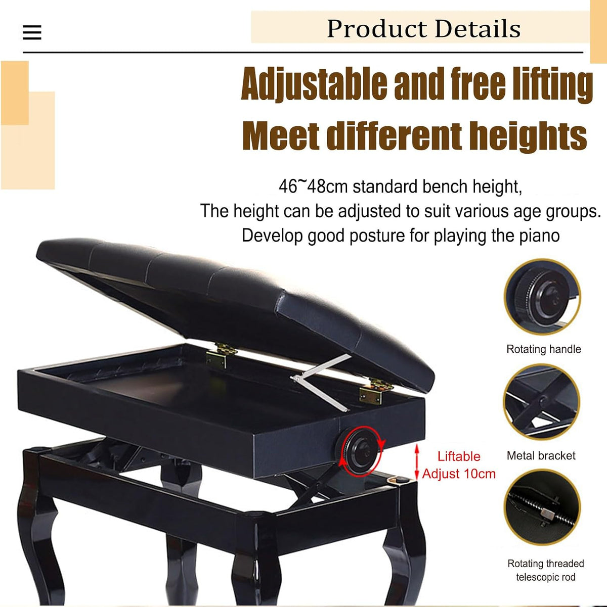 Piano Bench Piano Bench with Storage Piano Accessories Piano Bench Adjustable Height Vanity Stool Piano Bench Black Length 56cm*Width 34cm