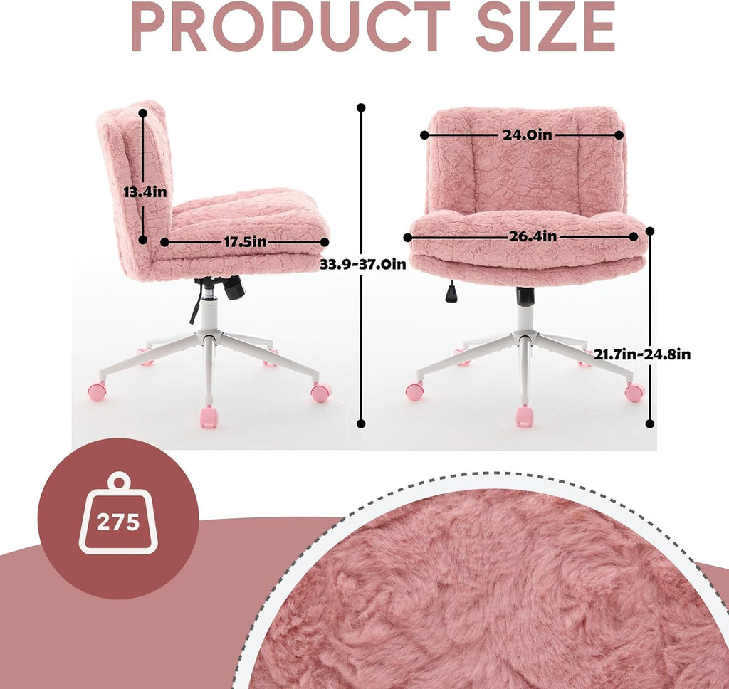 Upgraded Plush Faux Fur Criss Cross Office Vanity & Desk Chair with White Metal Base – Extra-Wide Seat & Tilt Backrest, Adjustable Swivel Makeup Chair for Bedroom, Study & Home Office, Pale Pink