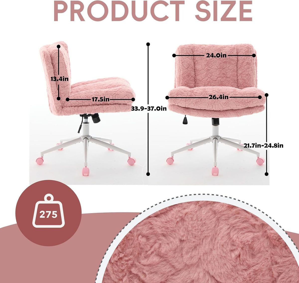 Upgraded Plush Faux Fur Criss Cross Office Vanity & Desk Chair with White Metal Base – Extra-Wide Seat & Tilt Backrest, Adjustable Swivel Makeup Chair for Bedroom, Study & Home Office, Pale Pink