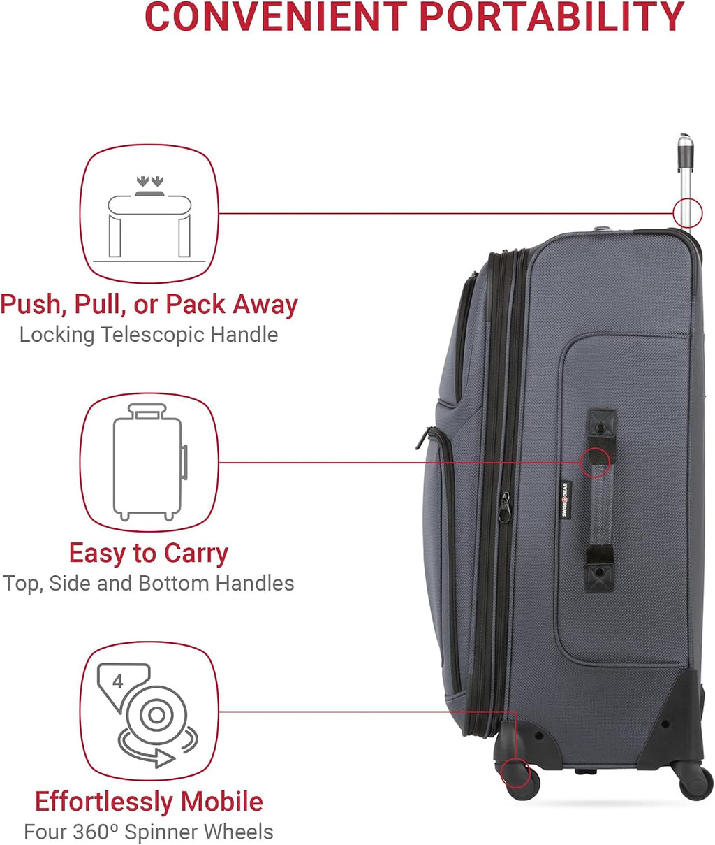 SWISSGEAR Sion Softside Expandable Spinner Luggage Durable Lightweight Travel Suitcase, Dark Grey, Checked-Large