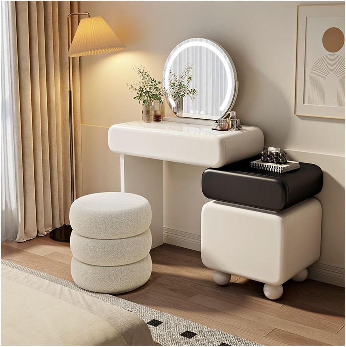 Vanity Table Set ，Modern Makeup Vanity Table，Storage Drawer Home Furniture Bedroom Wooden Makeup Dressing Table.(Black,with Stool_80CM)