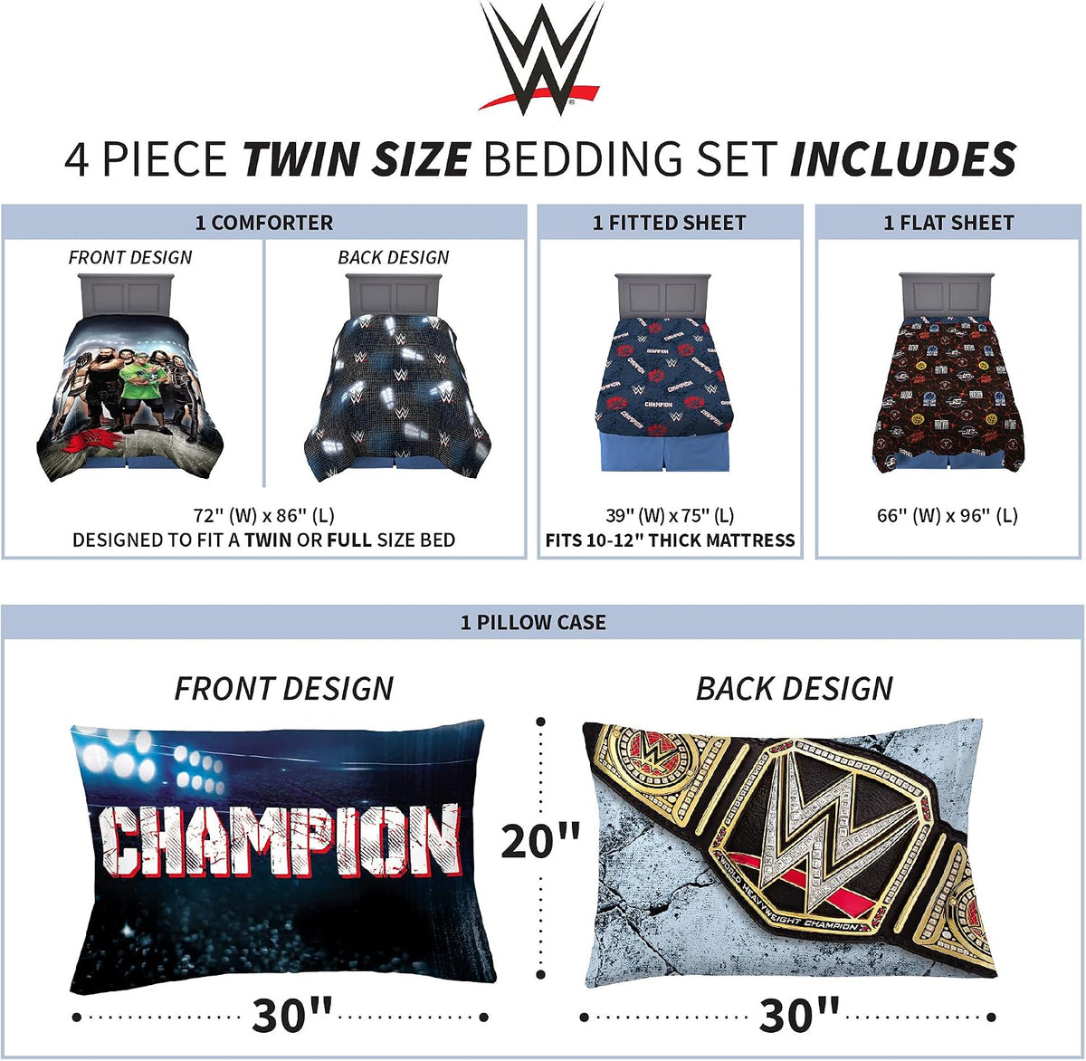 WWE Kids Bedding Comforter and Sheet Set, 4 Piece Twin Size, by WWE, Black/Multicolor