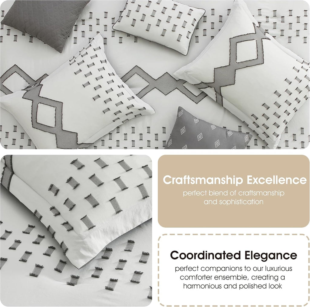 Grand Avenue 7 Piece White Grey Comforter Set, California King Size Clipped Bedding Set, All Season Geometric Bedding, Matching Pillows, Shams, Bed Skirt