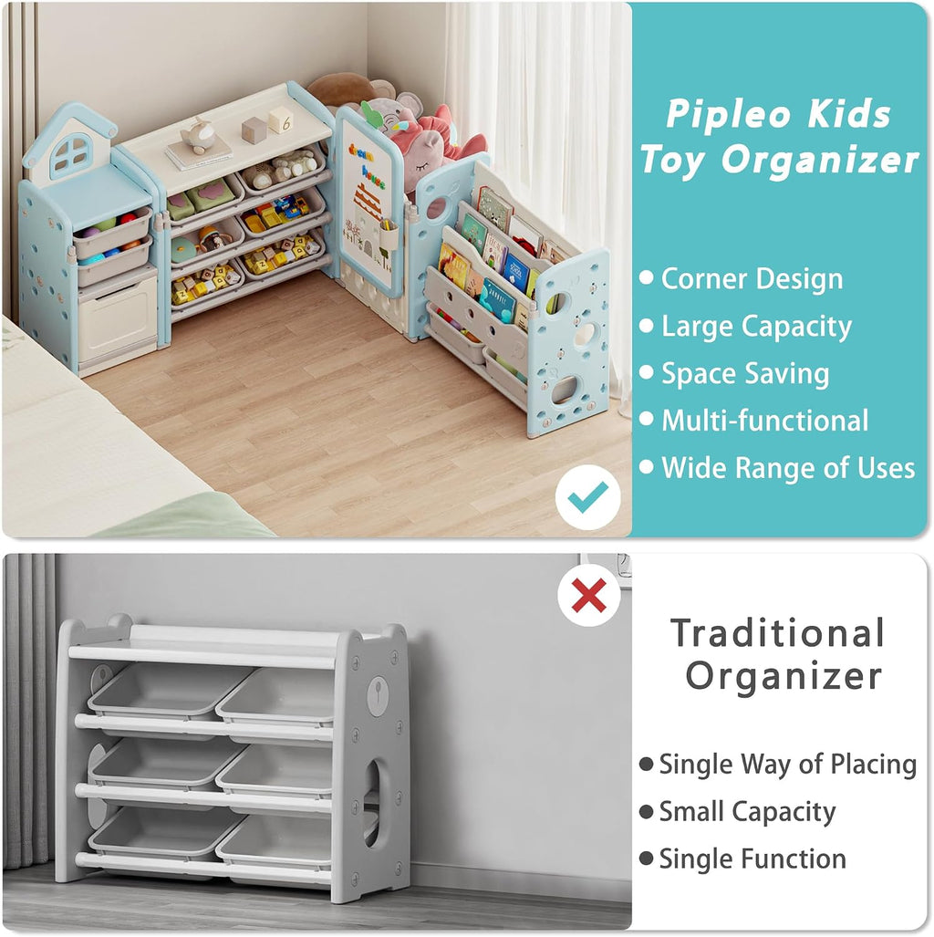 Kids Toy Storage Organizer with 10 Removable Bins, Foldable Toy Organizers and Storage with 3-Tier Bookshelf for Kids Toy Storage Organizer with Drawing Board, Extra 3 Brushes (4 In 1 Light Blue)