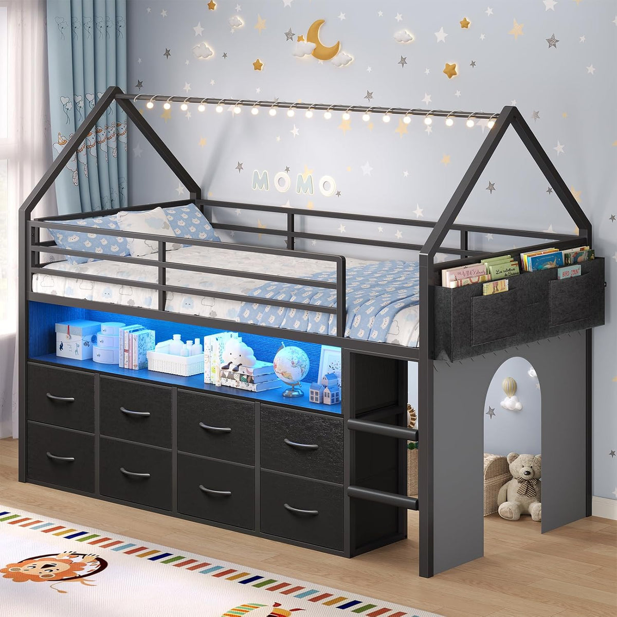 BTHFST Twin Size Loft Bed for Kids, 8 Storage Drawers & LED Lights, House Shaped Metal Bed with Bookcase, Soft Foam Ladder, 13.4' Safety Guardrail, Space Saving, Fun Curtain