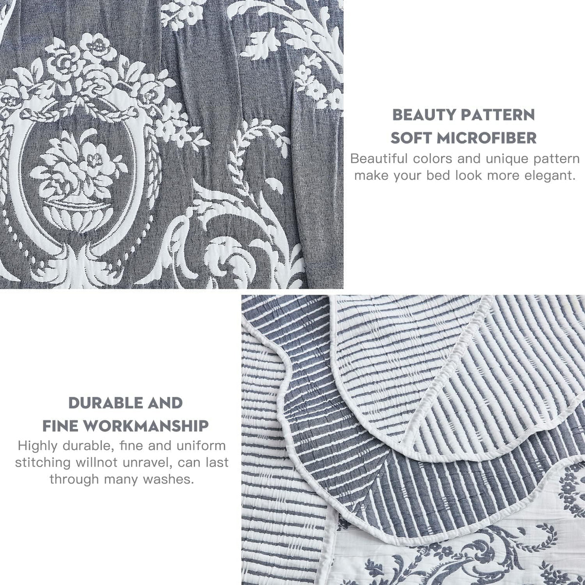 HZ & HY Oversized Queen Bedspread, Jacquard Matelasse Damask Pattern Design, Lightweight, Reversible, 5 Piece, 100% Microfiber, Queen, Dark Blue