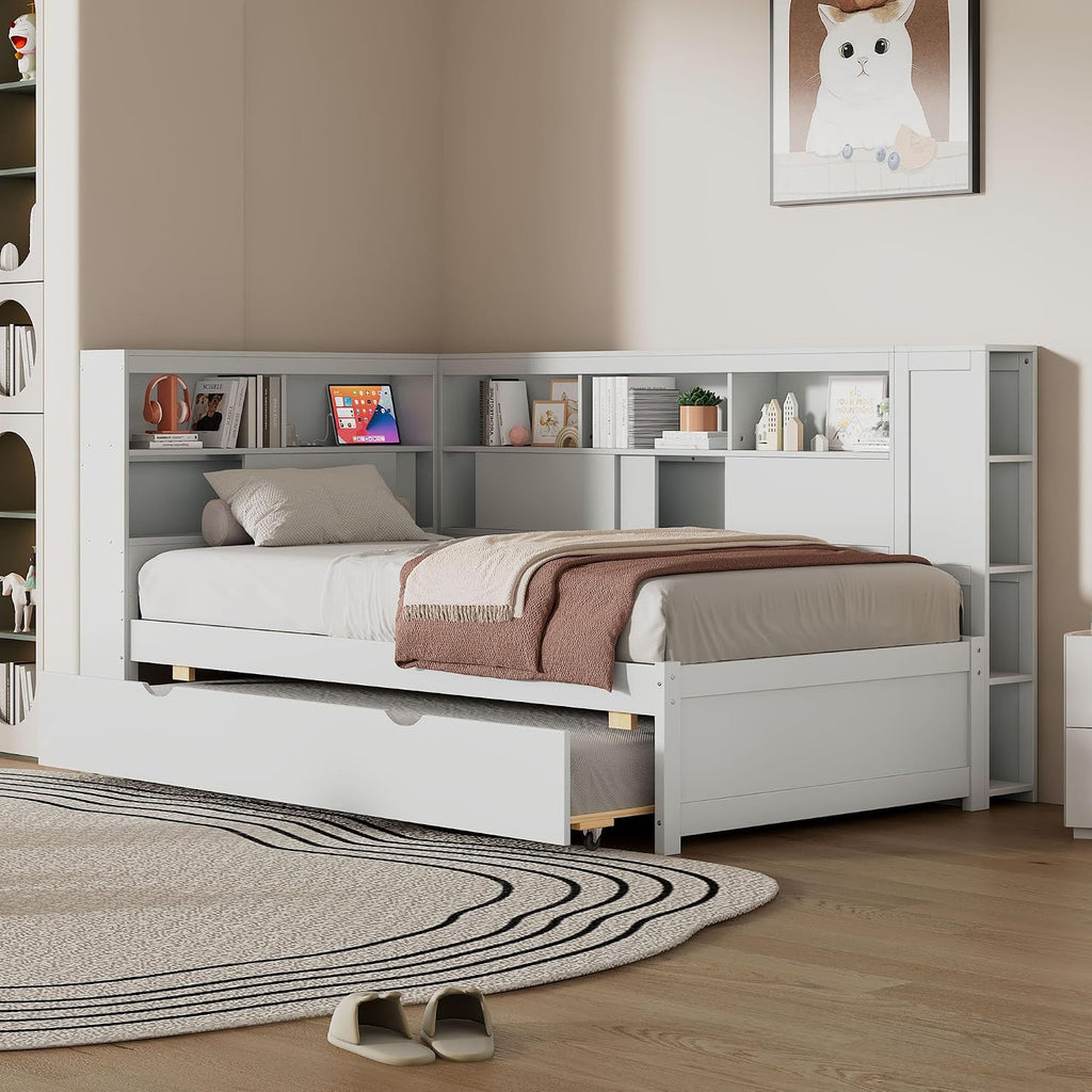 Merax Twin Corner Bed Frame, Twin Size Corner Beds with Trundle, Daybed with Storage Bookcase and Charging Station, Wood Platform Bed for Kids and Teen, White