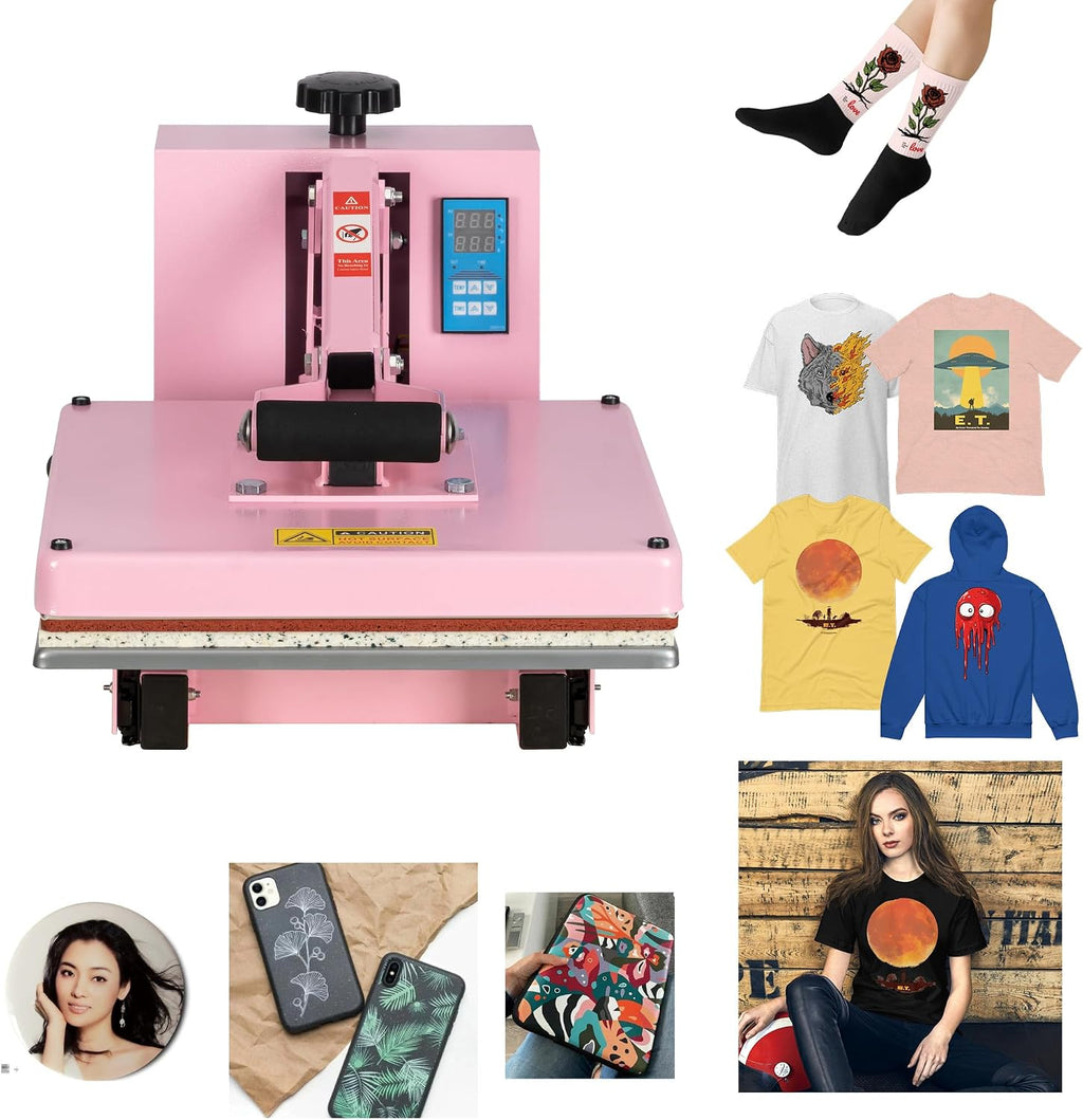 15' x 15' Semi-auto Heat Press Machine for T-Shirts, Auto Open & Slide-Out Base, Clamshell Style, Digital Sublimation Printer for Vinyl, DIY & Small Business (Pink, L15 * W15)