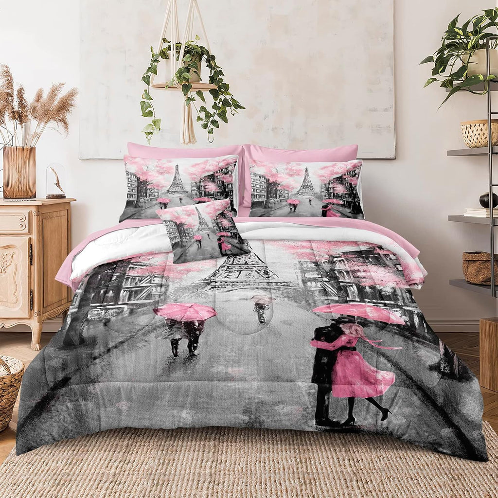 Merryword Eiffel Tower Comforter Set California King Size Bed in a Bag Sweet Couple Lovers Pink Paris Design Bedding with 1 Comforter, 4 Pillowcases, 1 Flat Sheet, 1 Fitted Sheet, 1 Cushion Cover
