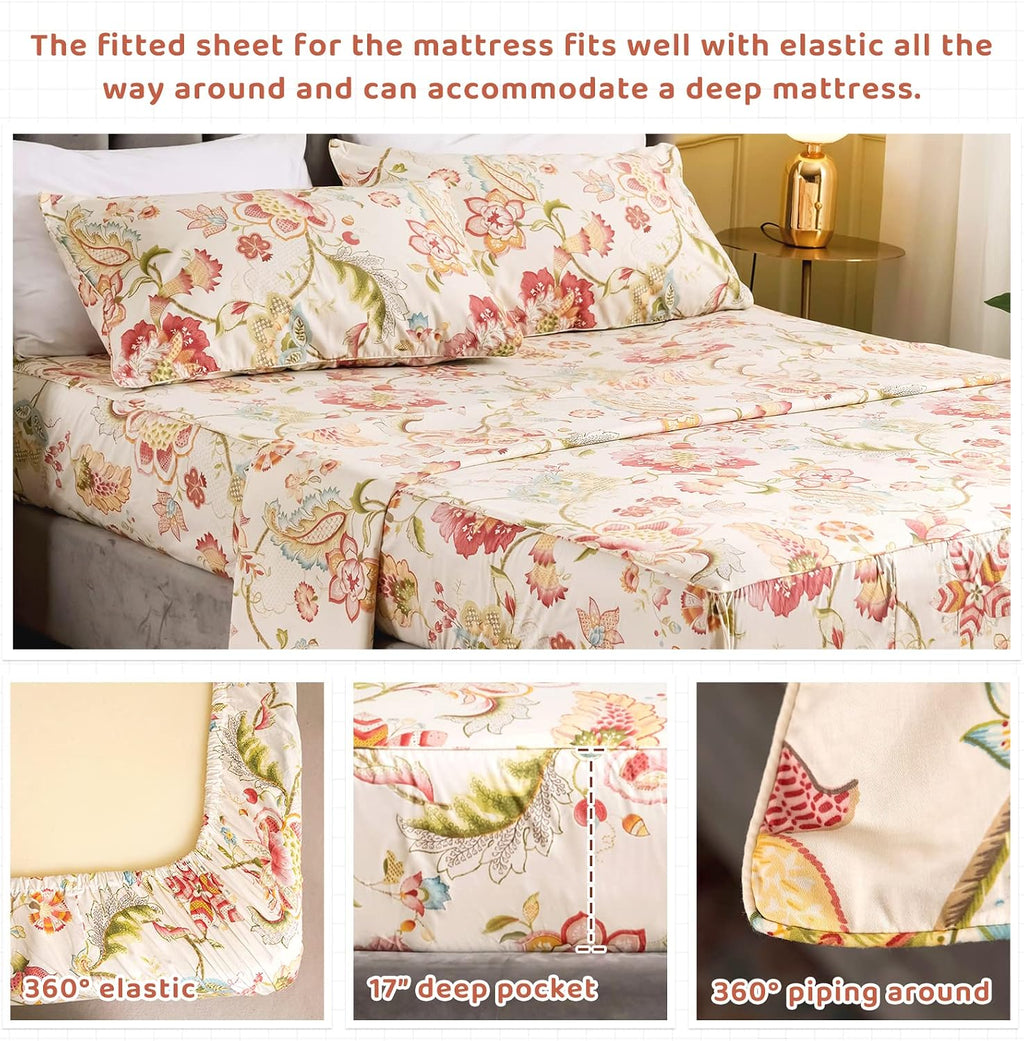 QSH 100% Egyptian Cotton Sheets Cal King Size, Red Yellow Flowers Leaves Pattern Botanical Printed Flower Bedding Sheets, 4pcs Deep Pocket Bed Sheet Set