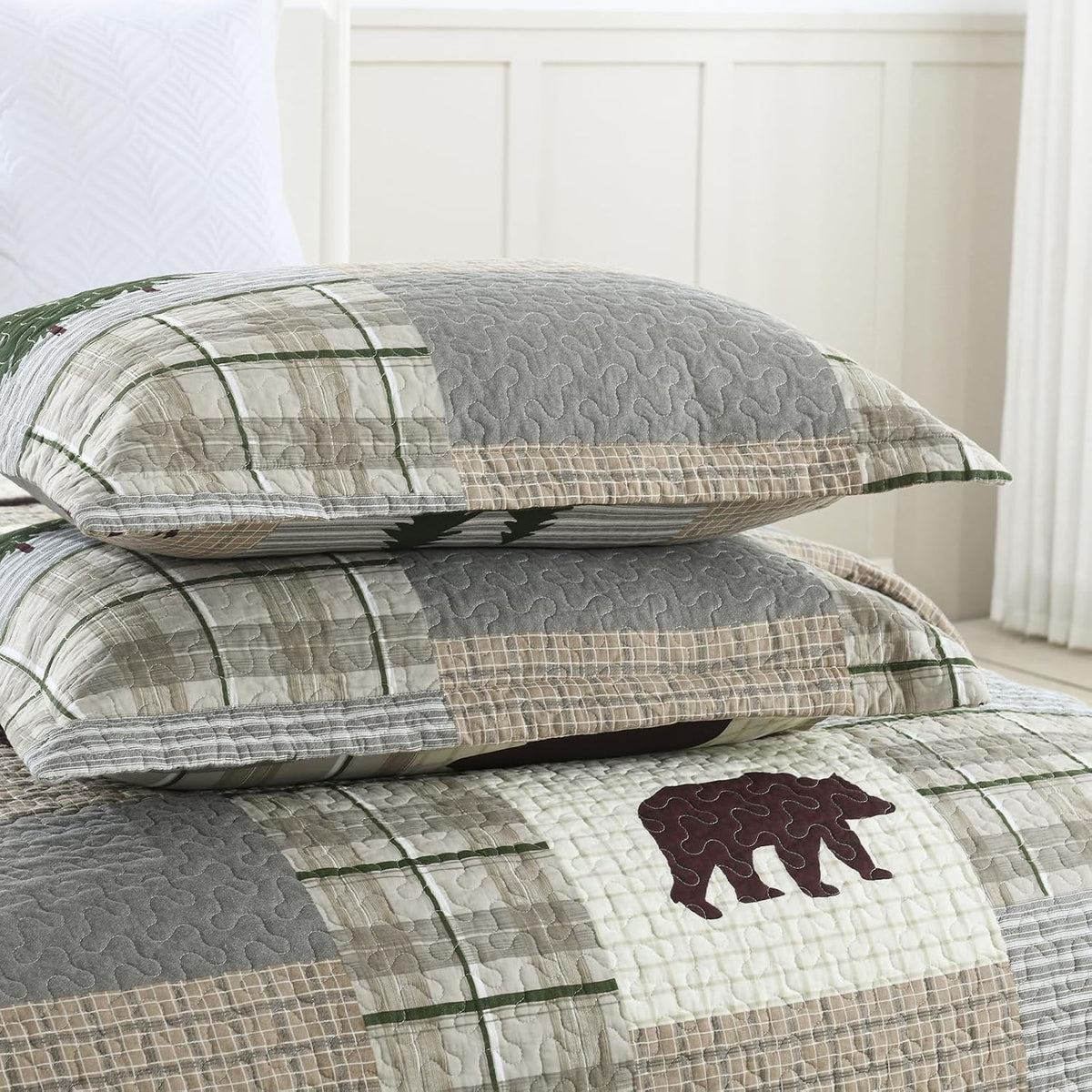 Uniclinens Quilt Set King Size, 100% Cotton Quilted Quilt Bedding Set Bedspread, Bear Tree Elk Farmhouse Rustic Quilt, Patchwork Plaid Comforter Set, 3 Pieces Set with 2 Pillowshams, Brown/Grey/Green