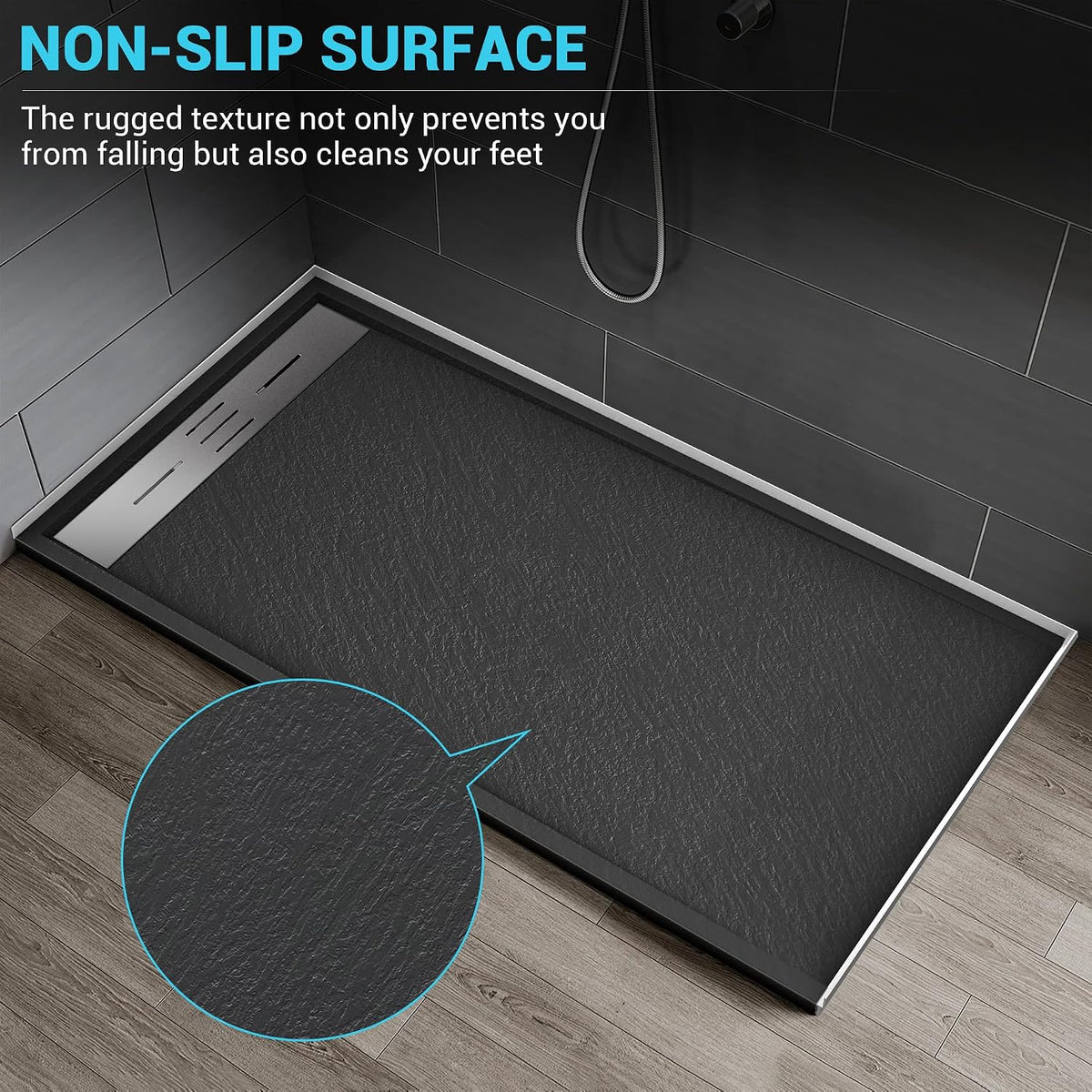 60' x 36' Zero Threshold Shower Pan with Reversible Drain, Non-Slip SMC Shower Base for Wheel Chair Access, Includes 3-Sided Aluminum Waterproof Strip (Black)