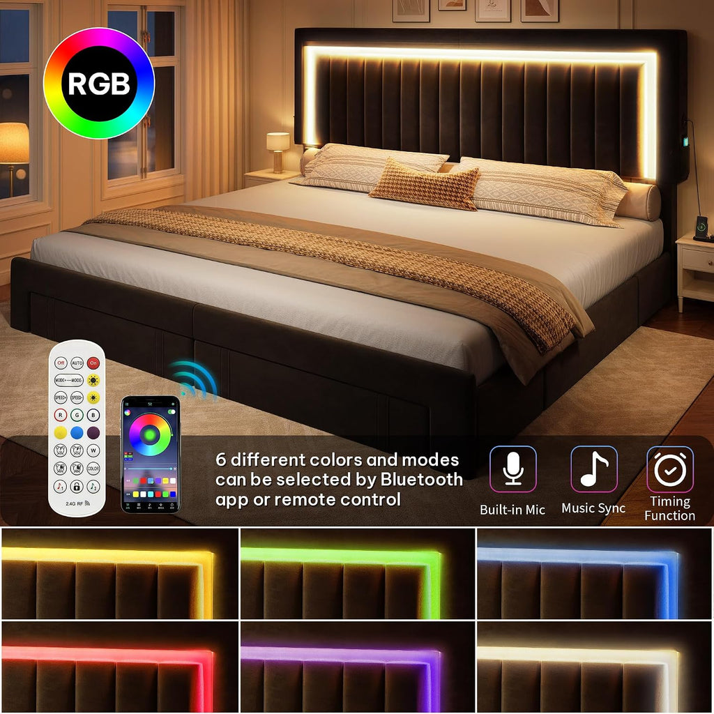 YITAHOME King Size Bed Frame with Adjustable Headboard, 4 Storage Drawers and RGB LED Lights, Velvet Upholstered Platform Bed with USB Ports, No Box Spring Needed, Fast Assembly, Noise-Free, Black