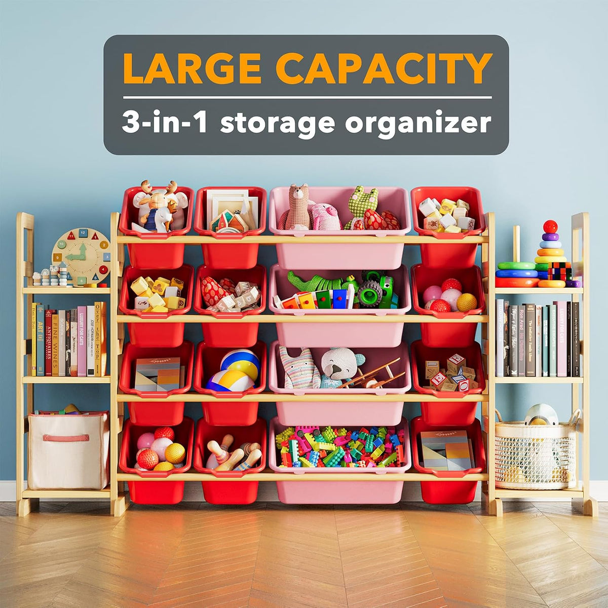 SpaceAid Toy Storage Organizer with 6 Shelves and 16 Bins, Toy Organizers Storage Bookshelf, Kids Bin Shelf Toys Box Bookcase for Bedroom Playroom Organization Room Decor, Red and Pink
