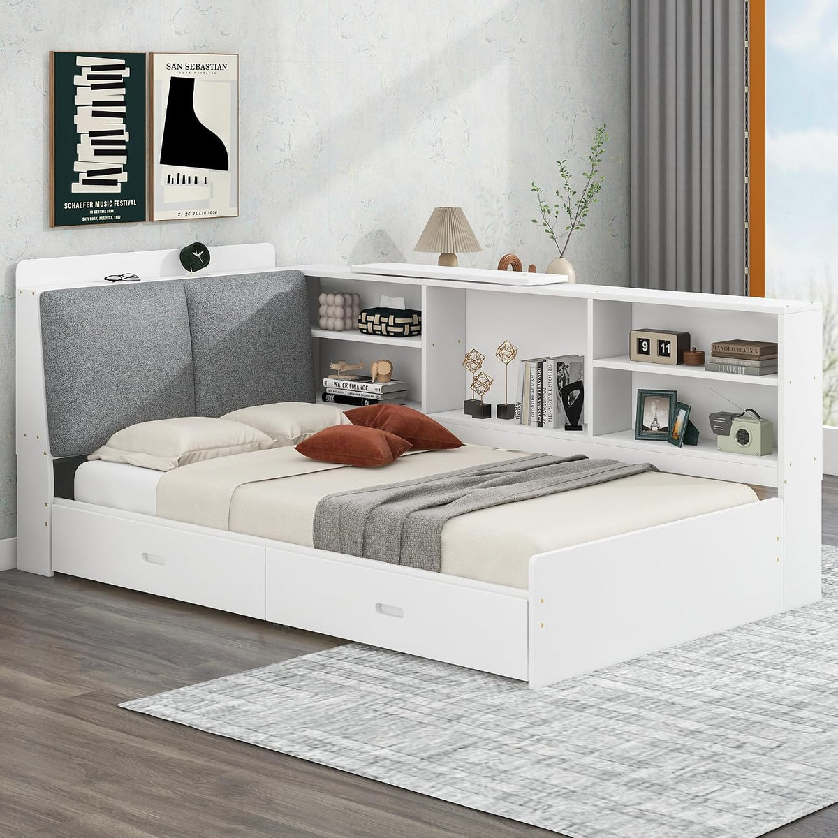 Merax Corner Twin Bed Frame, Wood Platform Bed with Storage Headboard, Twin Size Daybed with 2 Drawers and Rotatable Storage Board for Living Room,Bedroom,Guest Room,White