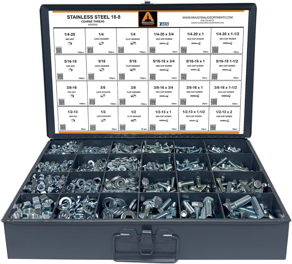 Titan Industrial Supply-1275 Piece Stainless Steel Hex Head Cap Screw (Bolt), Nut, and Washer Assortment 18-8 (304) Coarse Thread Set